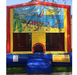 This bounce house is available in 15'x15' or 13'x13' and both have a basketball hoop inside.