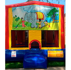 This bounce house is available in 15'x15' or 13'x13' and both have a basketball hoop inside.