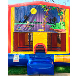 This bounce house is available in 15'x15' or 13'x13' and both have a basketball hoop inside.