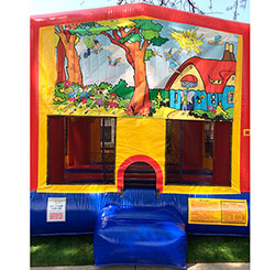 This bounce house is available in 15'x15' or 13'x13' and both have a basketball hoop inside.