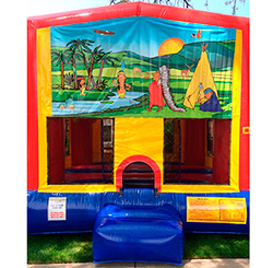 This bounce house is available in 15'x15' or 13'x13' and both have a basketball hoop inside.